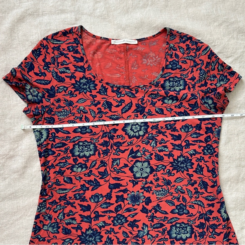 Peruvian Connection Cotton Jersey Red and Blue Floral Print Women's Dress - Picture 4 of 5